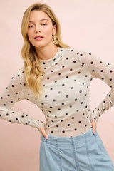 Trendsi BiBi High Neck Line Polka Dots Mesh Top With Thumb Open -