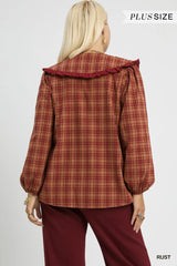 Trendsi Umgee Full Size Plaid Ruffle Collar Blouse Plus Size -
