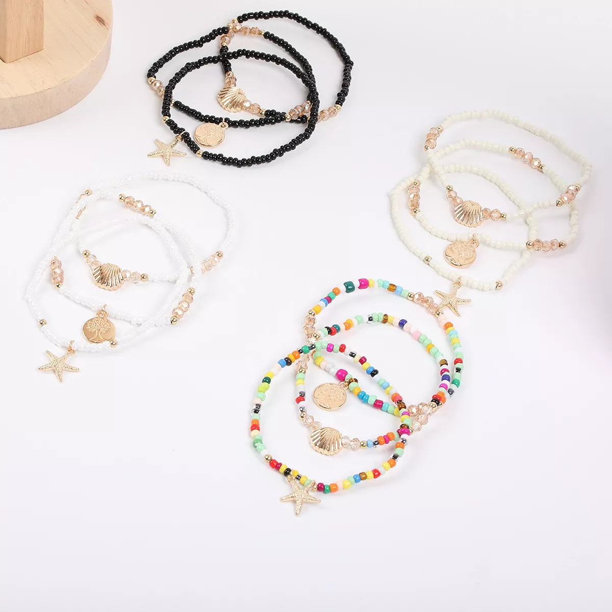 Three-piece beaded anklet sets in assorted colors and styles