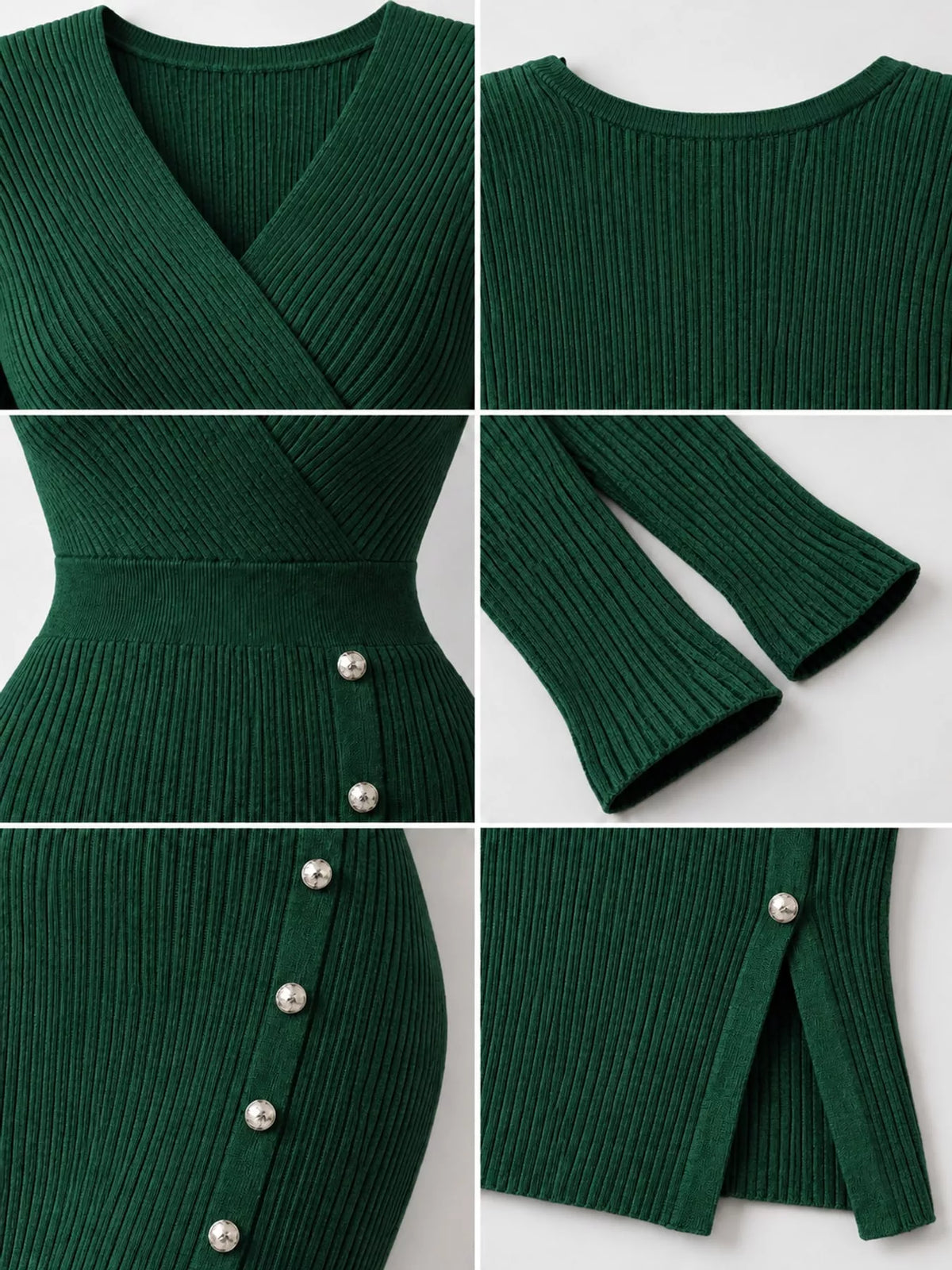 Green decorative button ribbed knit sweater dress, detail view