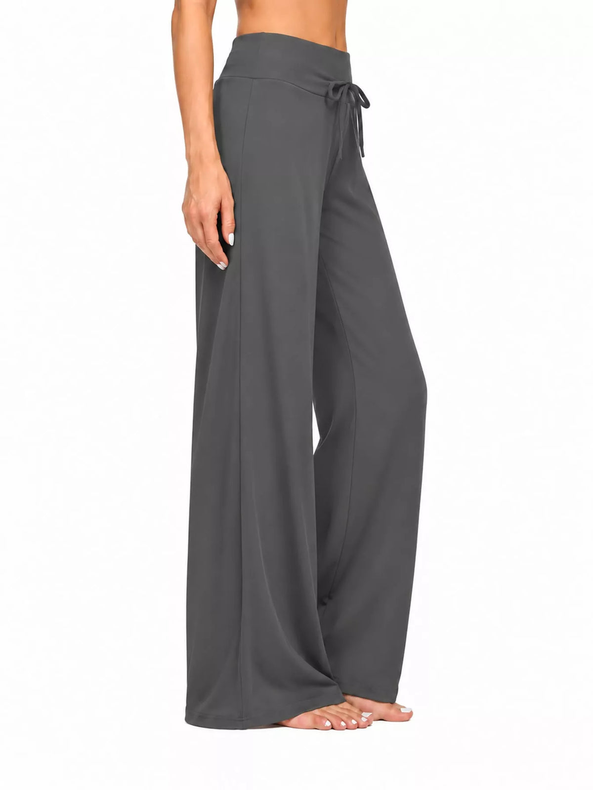 Gray drawstring wide-leg pants — side view