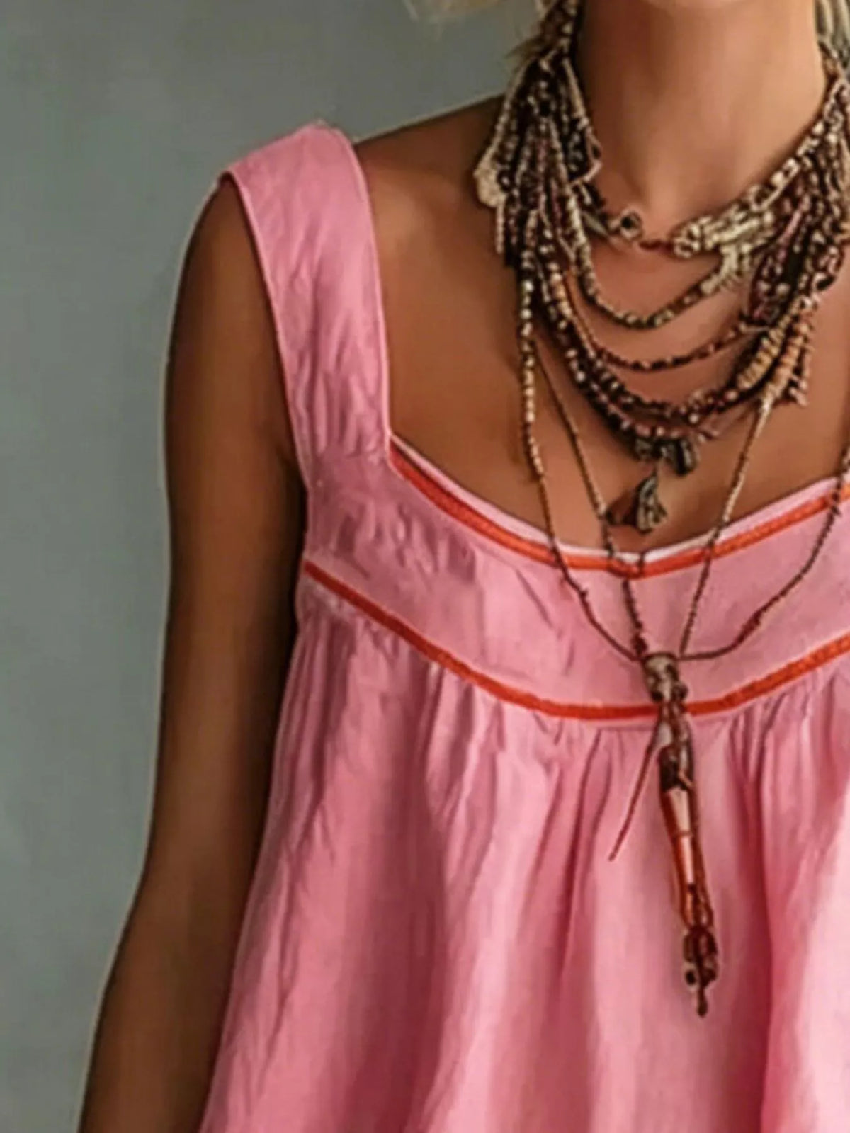 Sleeveless Tiered Mini Dress in pink, bodice detail