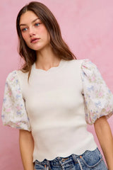 Trendsi SO ME Floral Cotton Contrast Sleeves Scallop Sweater Top -