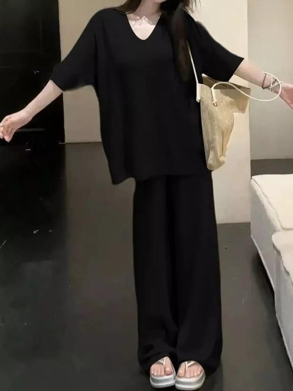 V-Neck Oversized T-Shirt and Wide-Leg Pants Set in black