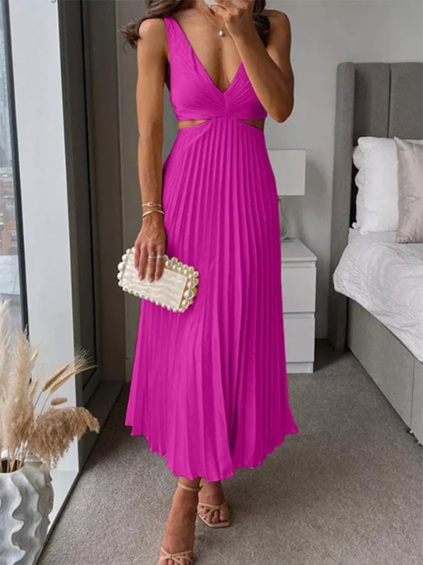 Trendsi Elegant Pleated Midi Dress with Cut-out Details -