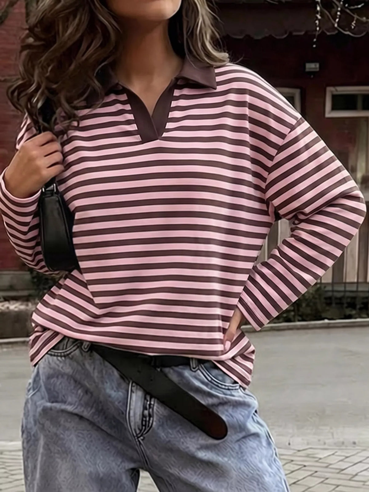 Striped Polo Collar Long Sleeve Top, front view