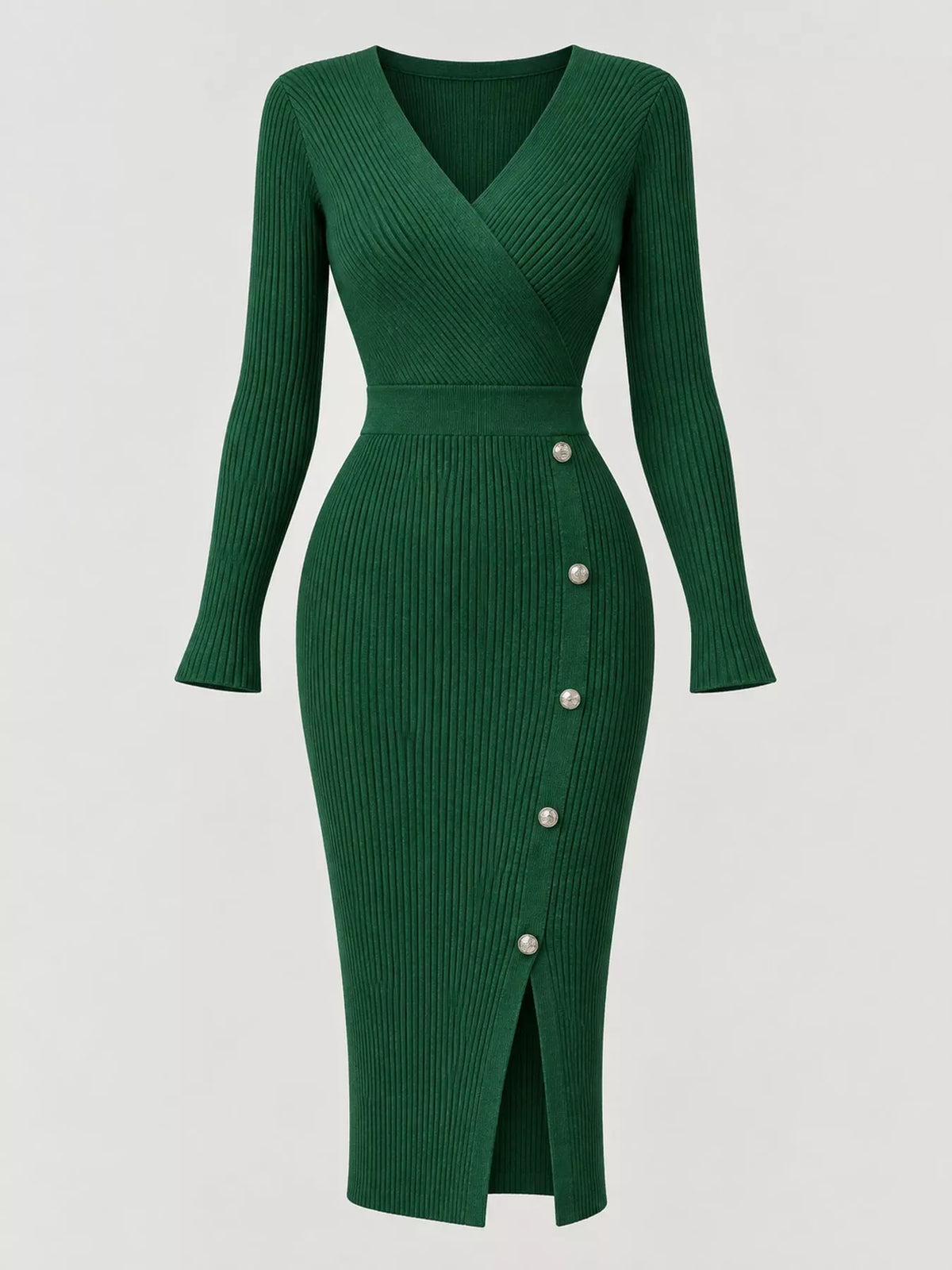 Green decorative button ribbed knit sweater dress, front view