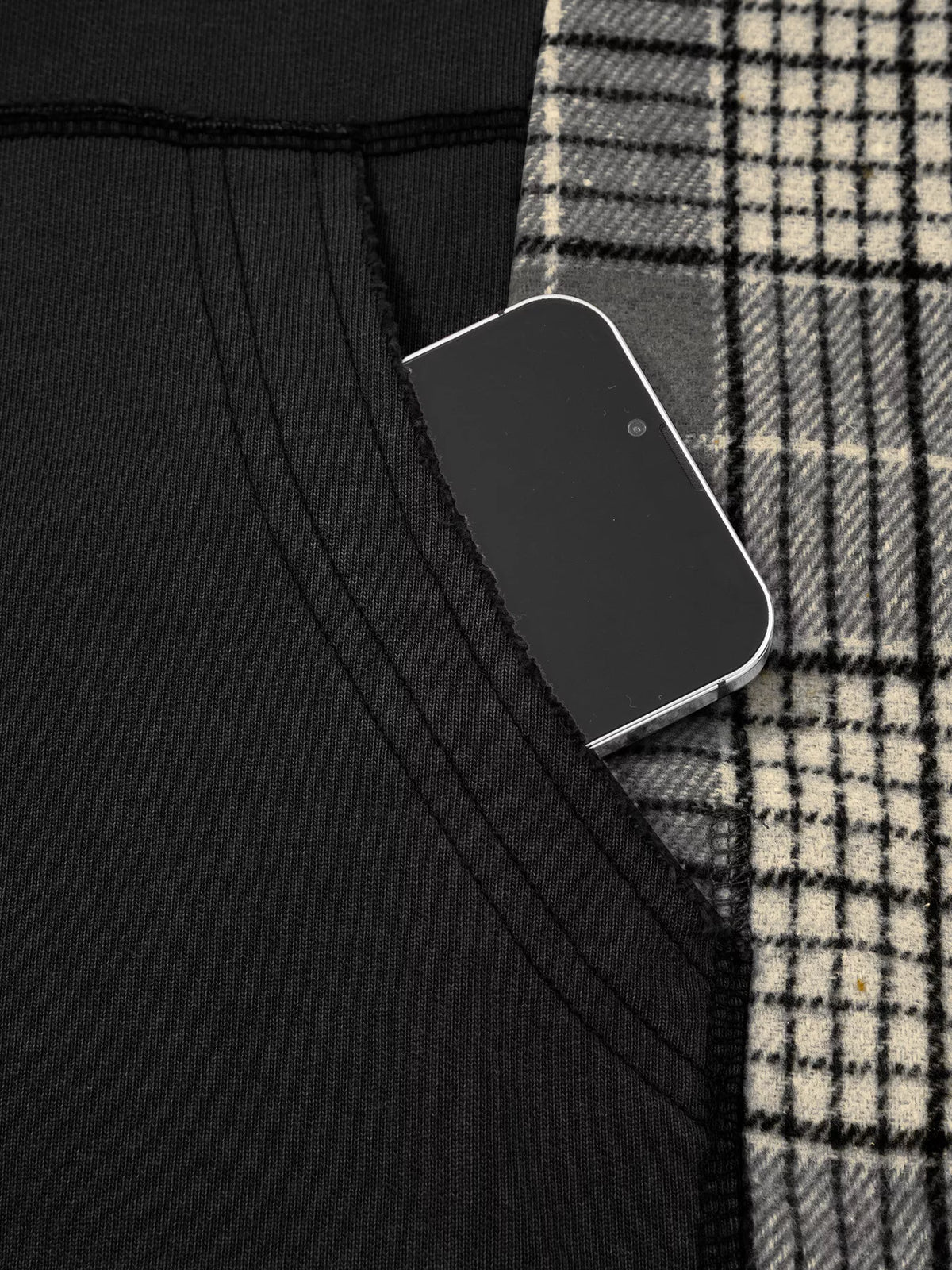 Plaid-sleeve hoodie, black pocket detail