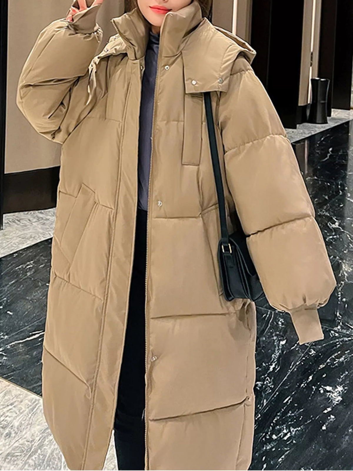 Longline puffer coat, tan open front