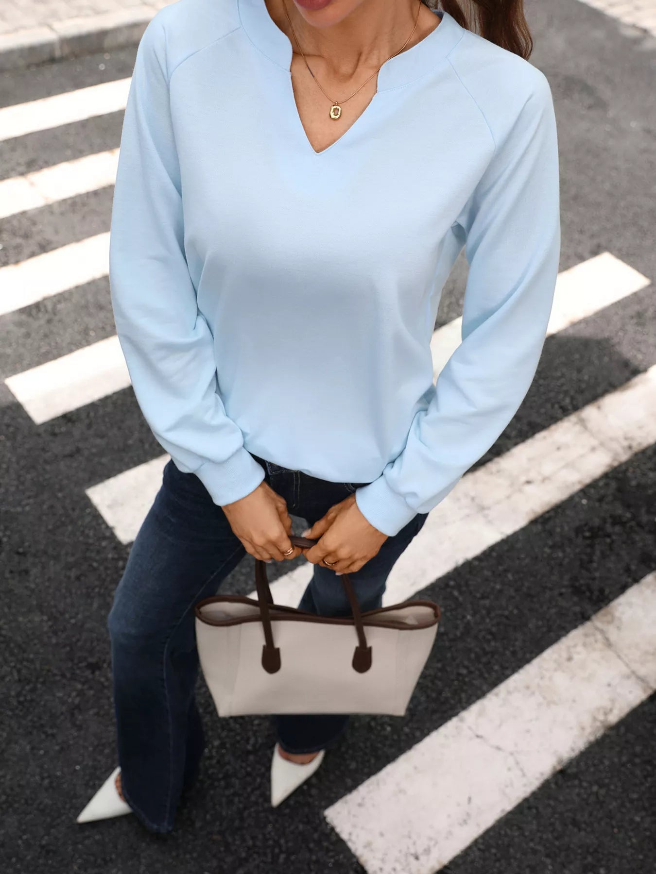 Trendsi Notched Raglan Sleeve Sweatshirt -