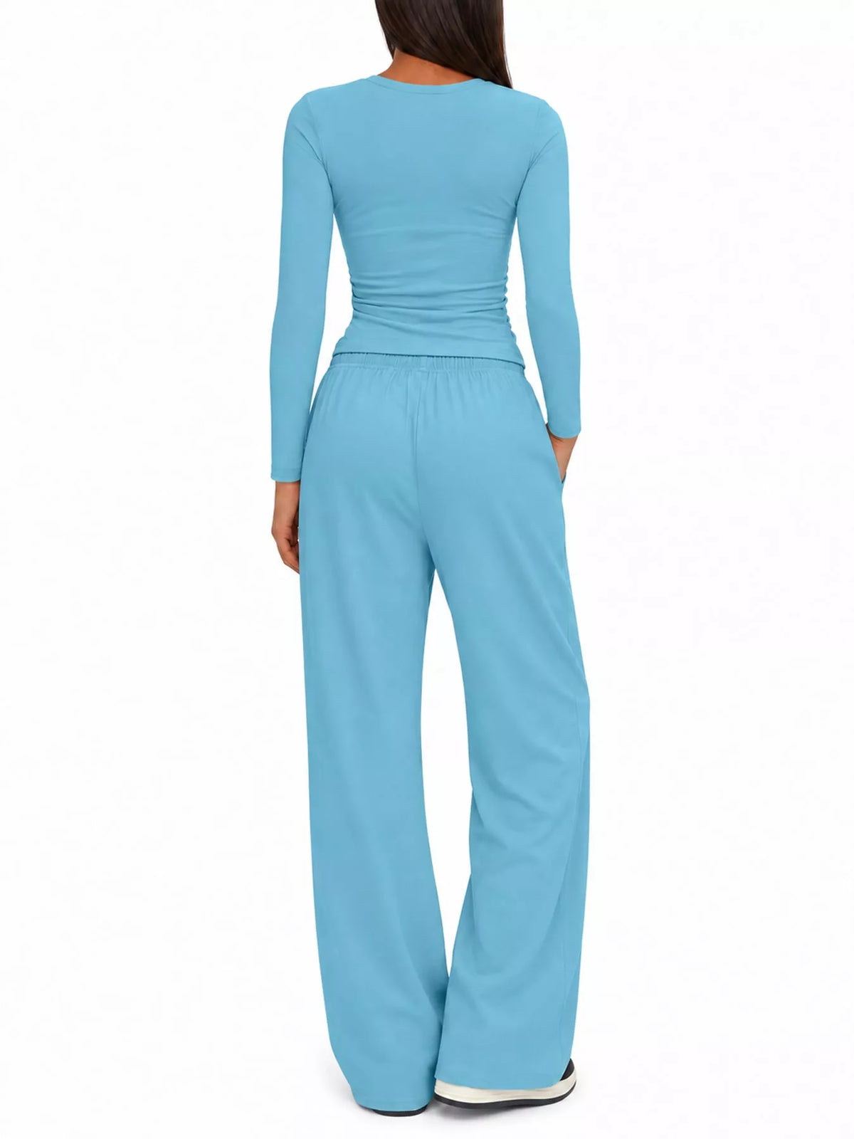 Long Sleeve Ruched Top and Wide-Leg Drawstring Pants Set — back view