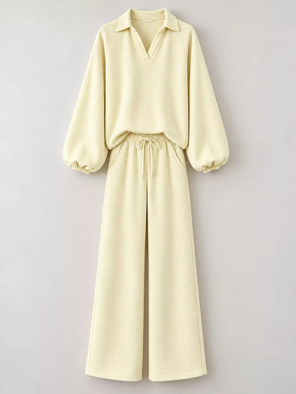 Yellow textured polo collar top and wide-leg pants set — front view