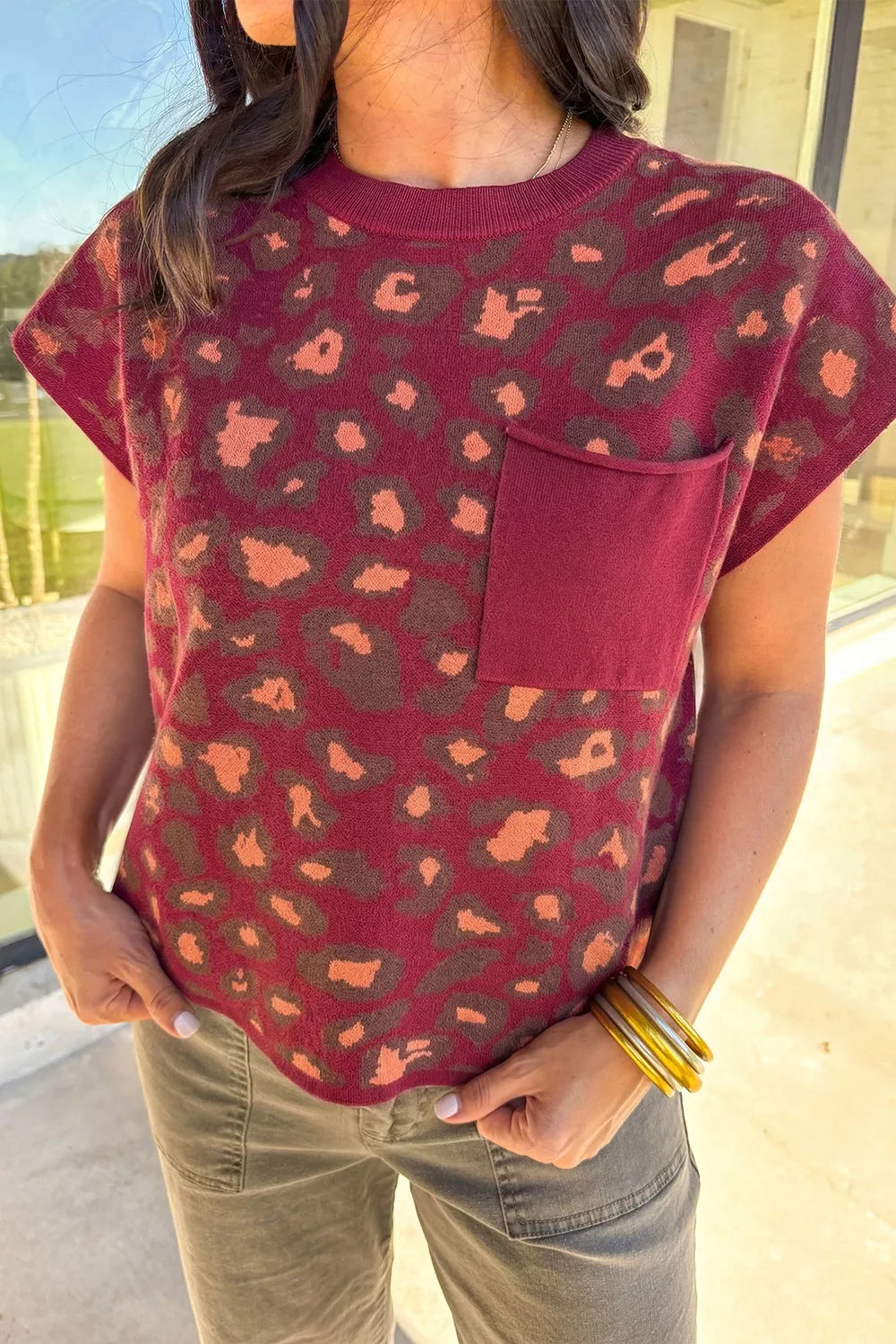 Trendsi Leopard Print Cap Sleeve Knit Top -