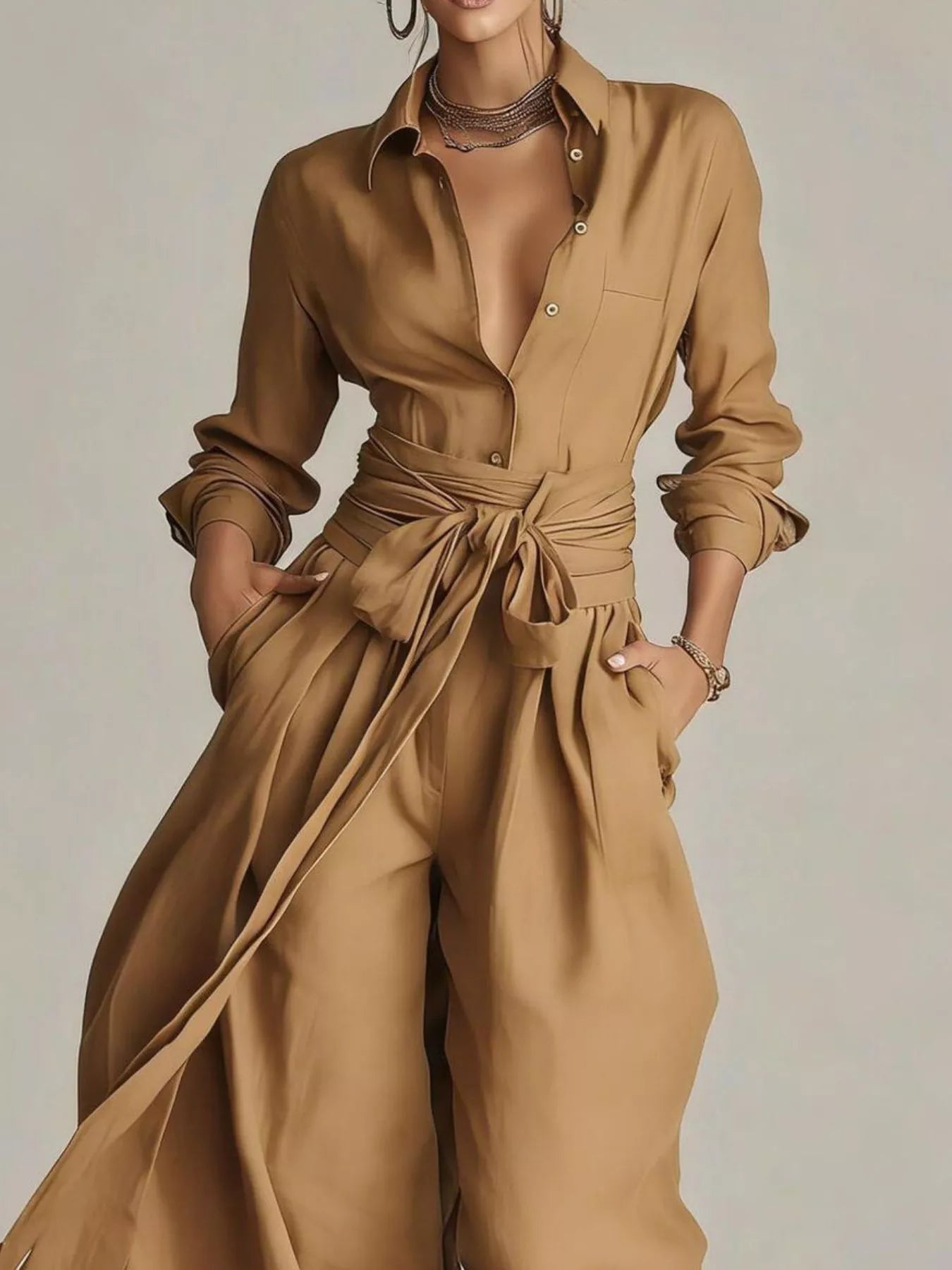 Trendsi Long-Sleeve Button-Down Waist-Tie Jumpsuit -