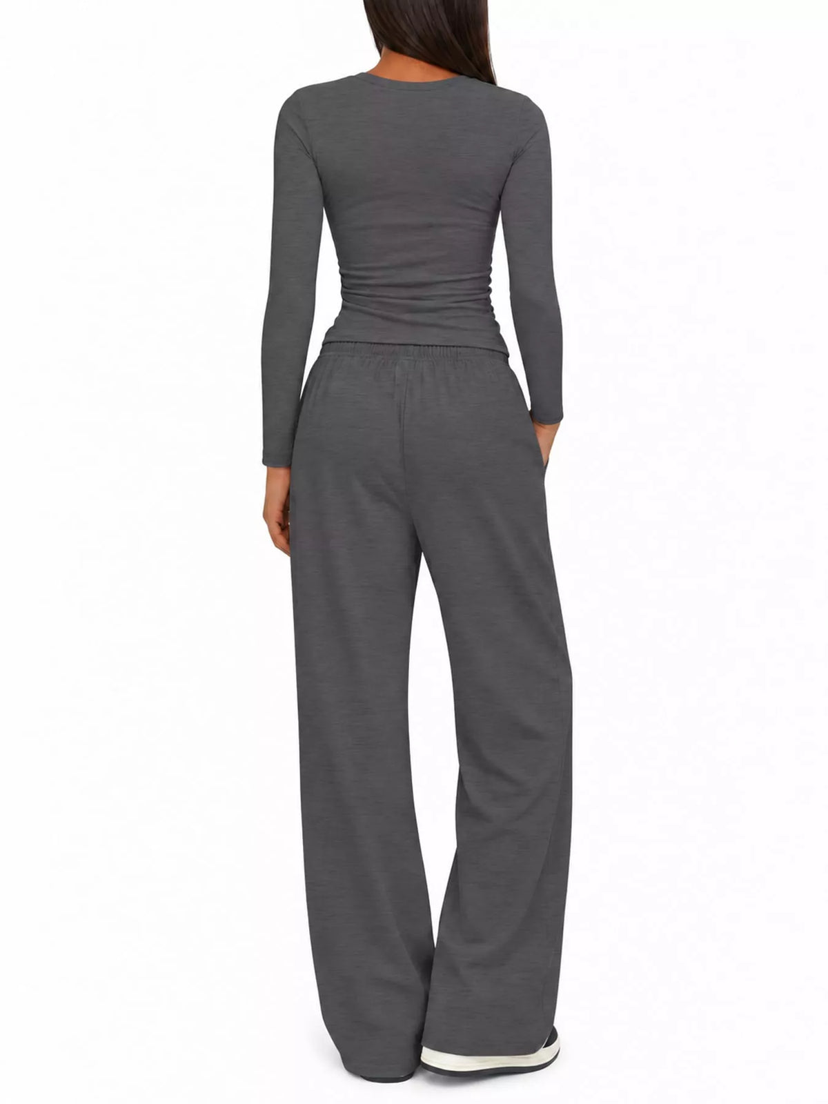 Long Sleeve Ruched Top and Wide-Leg Drawstring Pants Set — back view