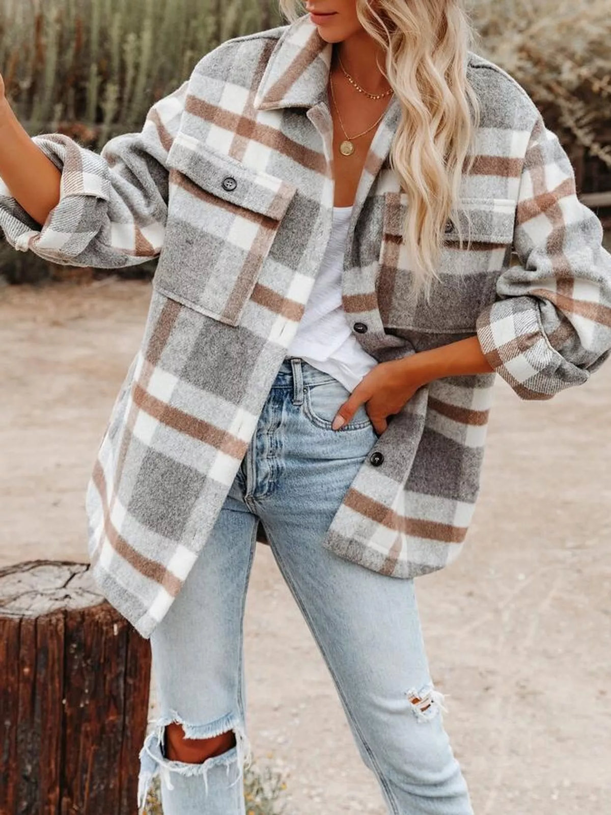 Collared long sleeve jacket, front view on model