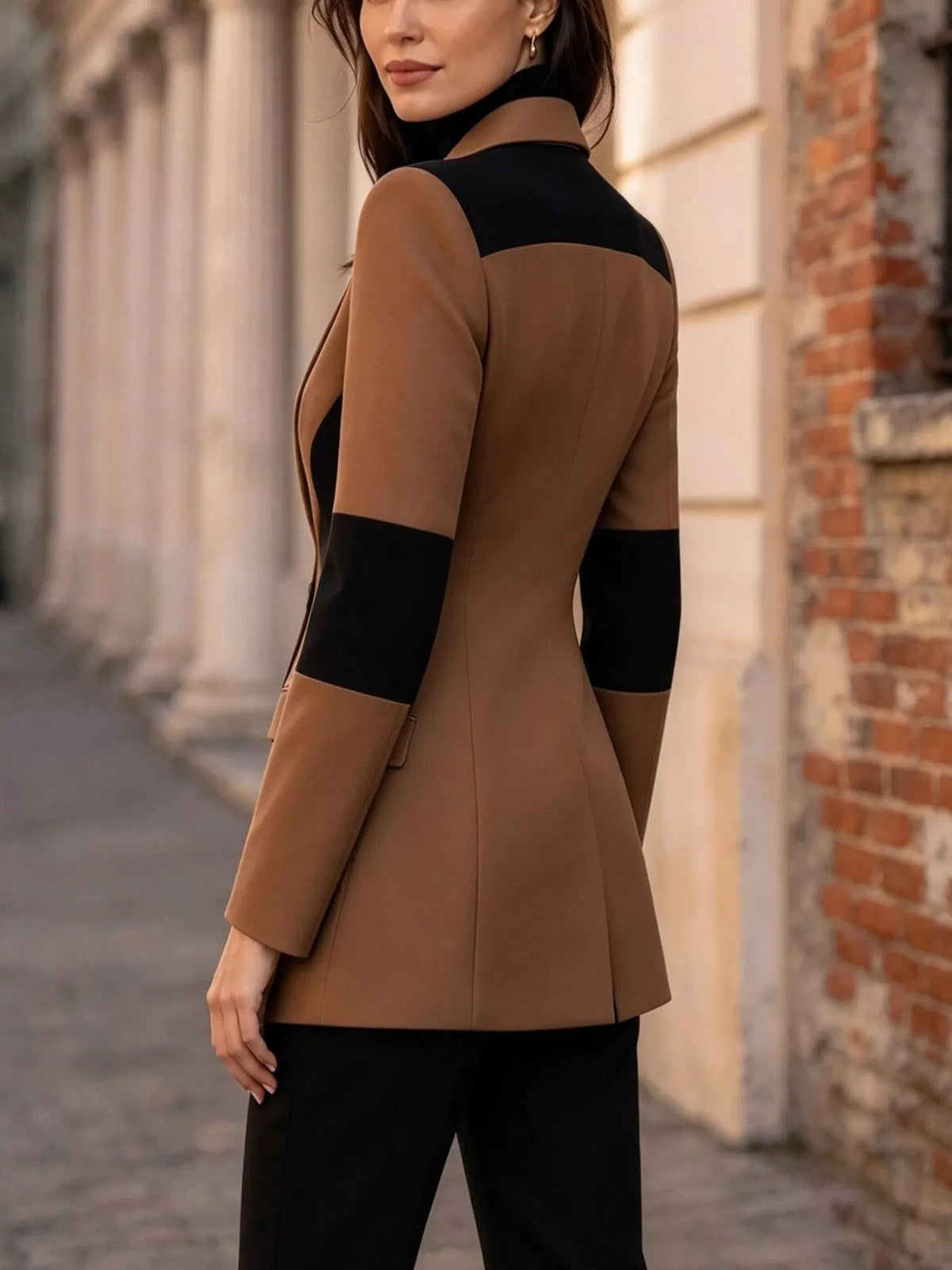 Brown color-block one button blazer, back view