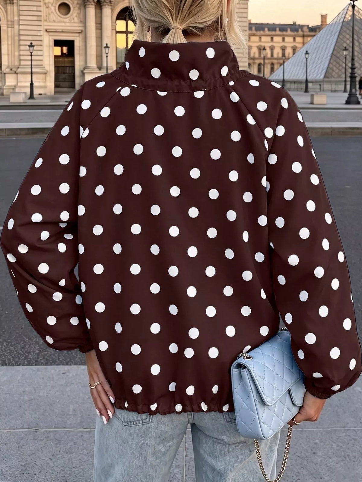 Polka Dot Drawstring Zip-Up Jacket — back view