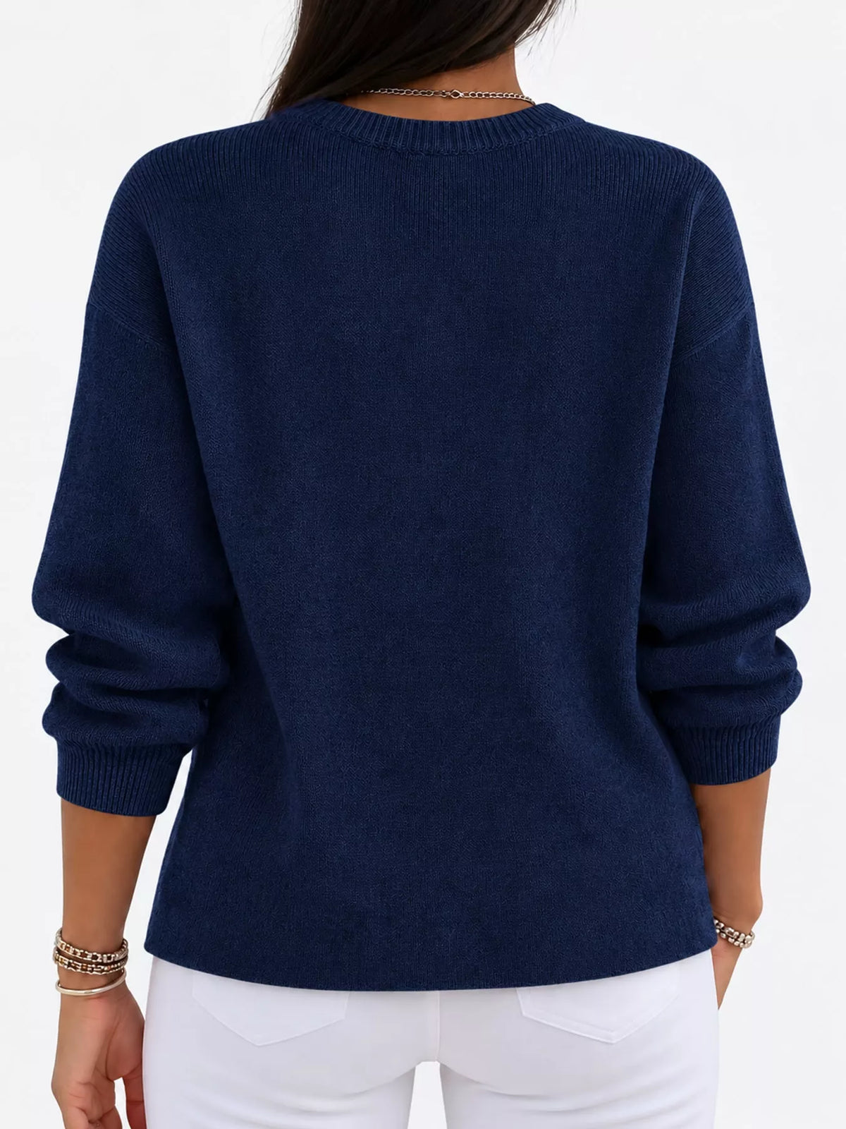 Dark Blue crew neck sweater, back view