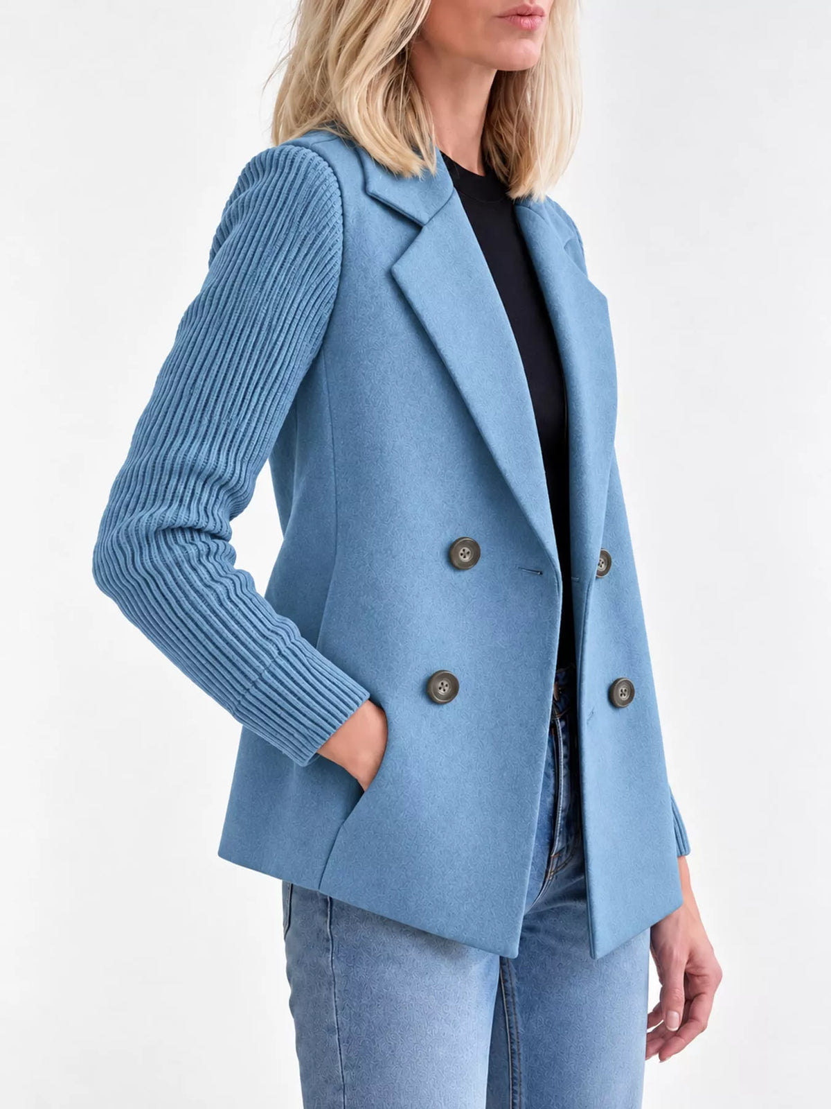 Blue double-breasted lapel collar blazer — side view