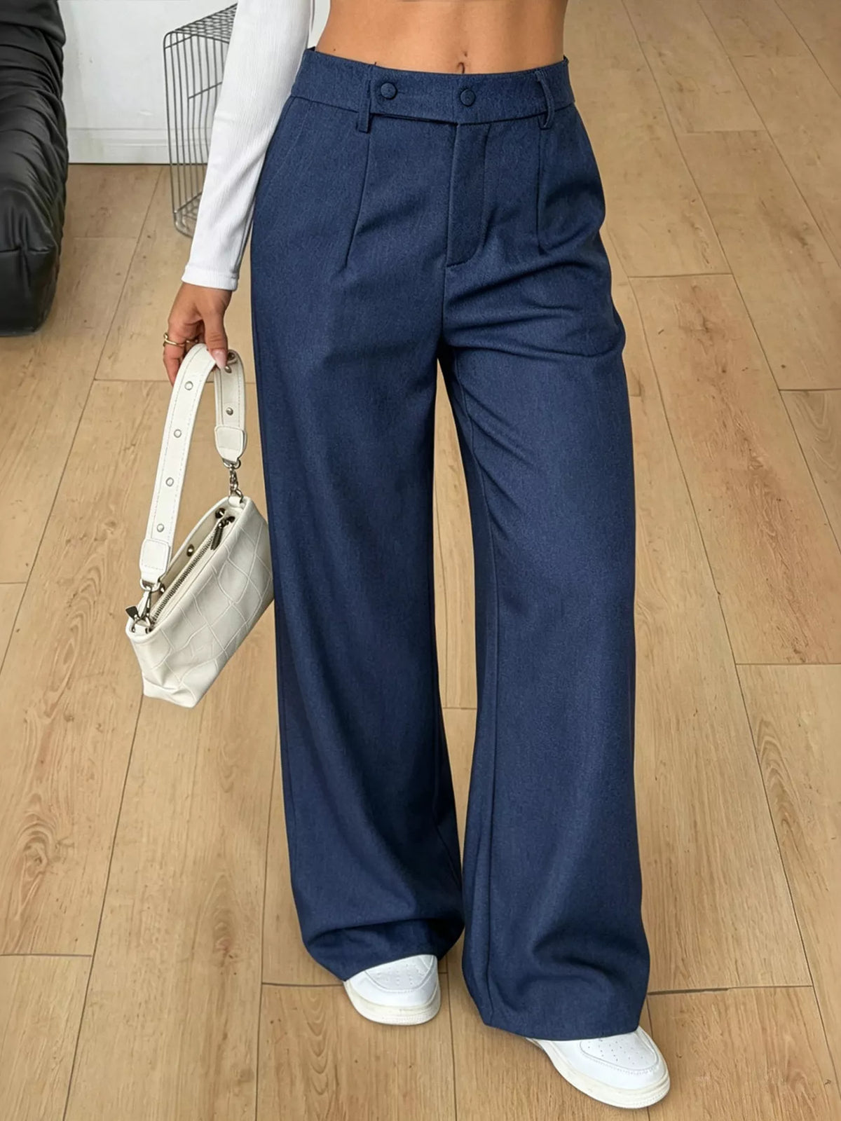 High-Waisted Wide-Leg Pants with Button Detail, waist detail