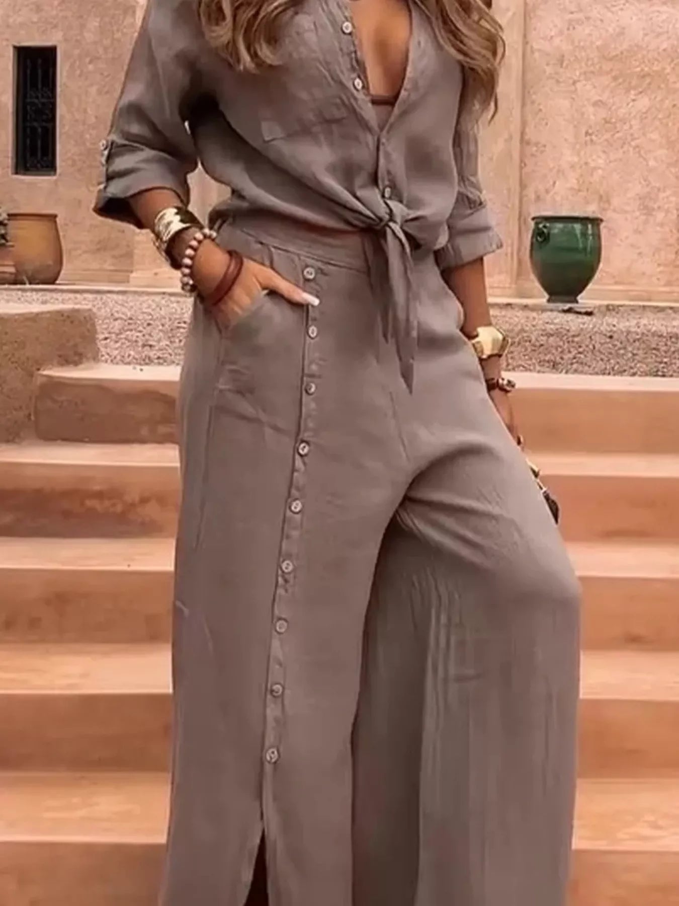 Trendsi Full Size Tie-Front Shirt and Button-Down Wide-Leg Pants Set Plus Size -