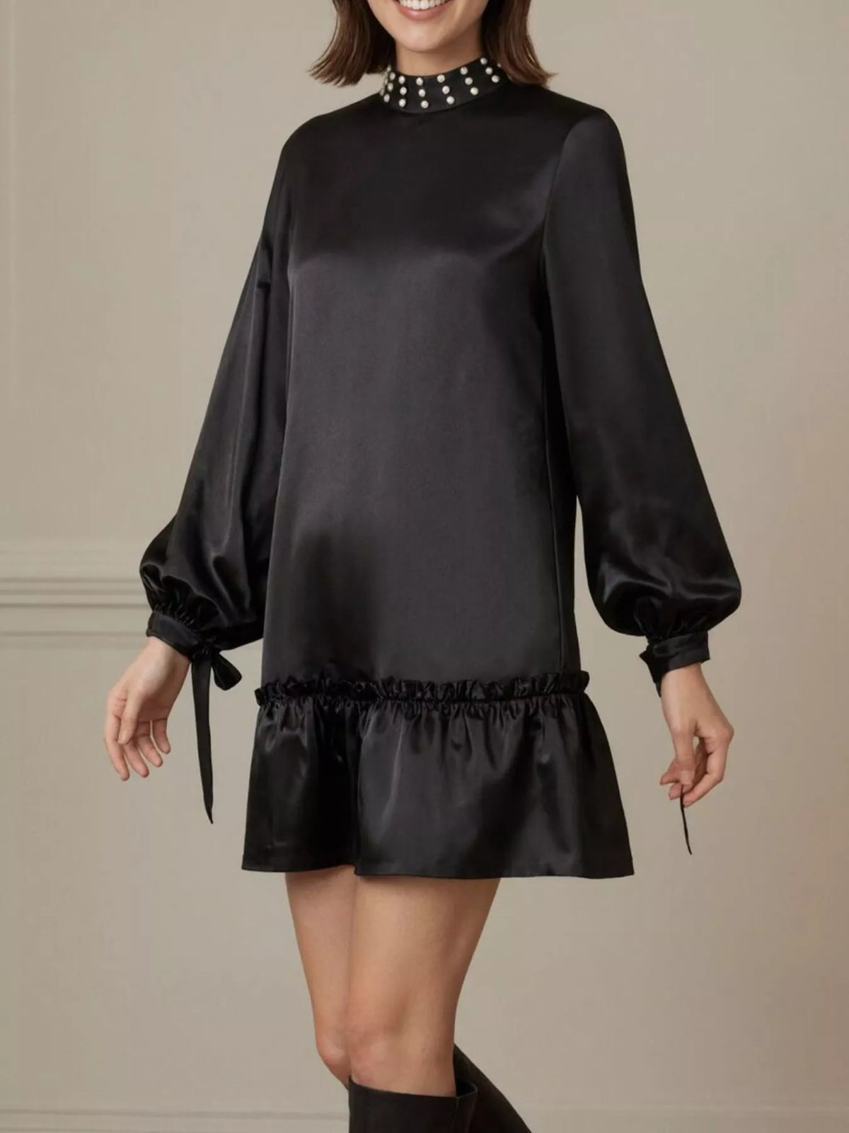 Pearl-trim mini dress, black front