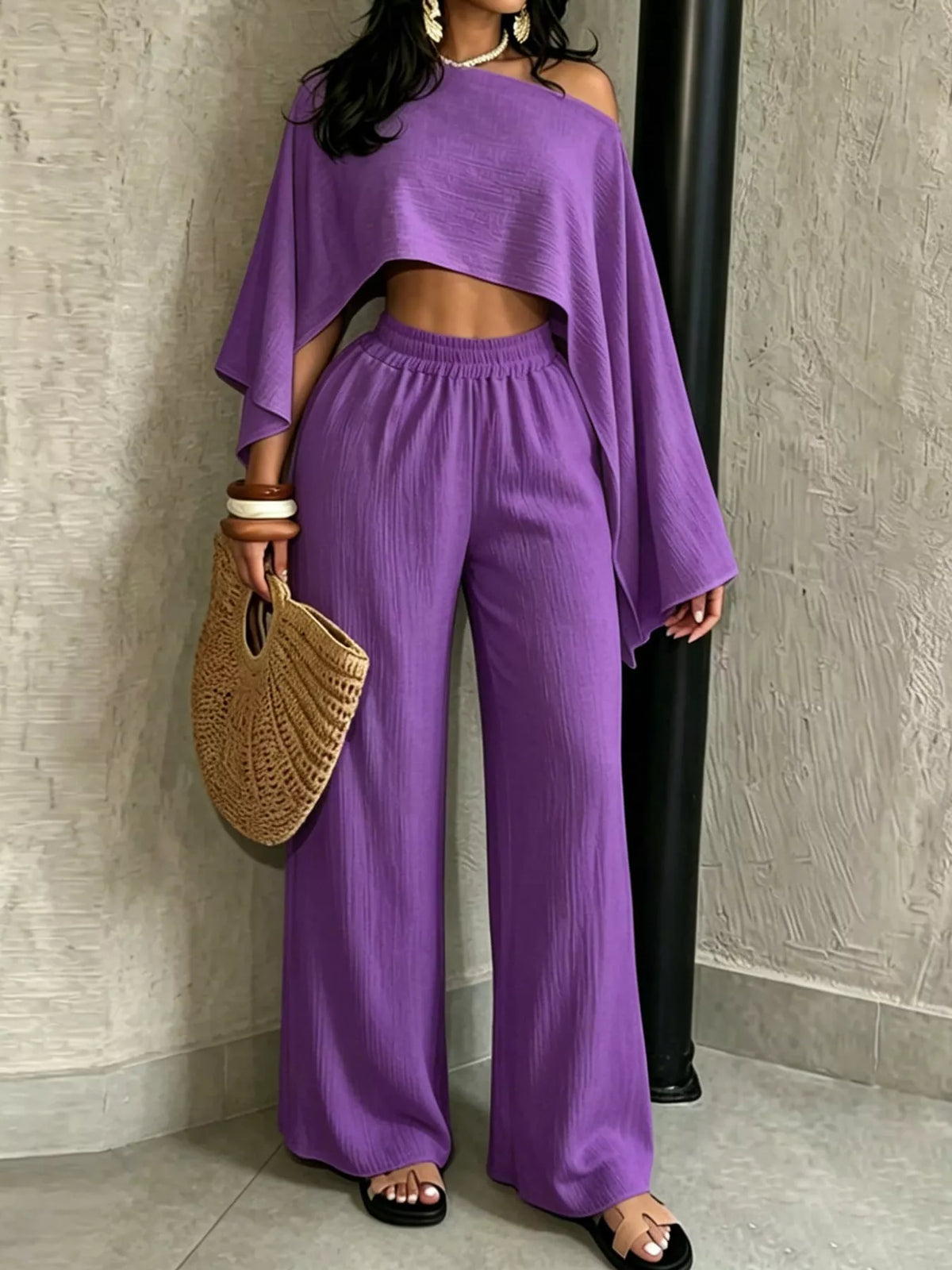 Women's Boat Neck Crop Top and Wide-Leg Pants Set in purple — front view