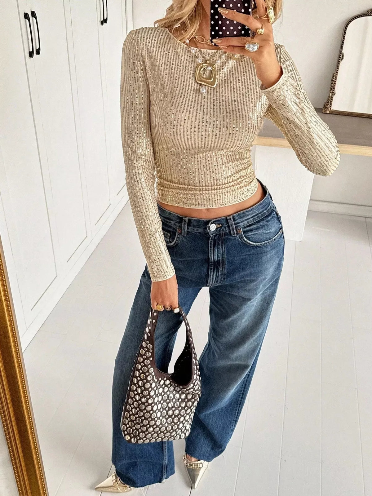 Gold sequin long sleeve crop T-shirt