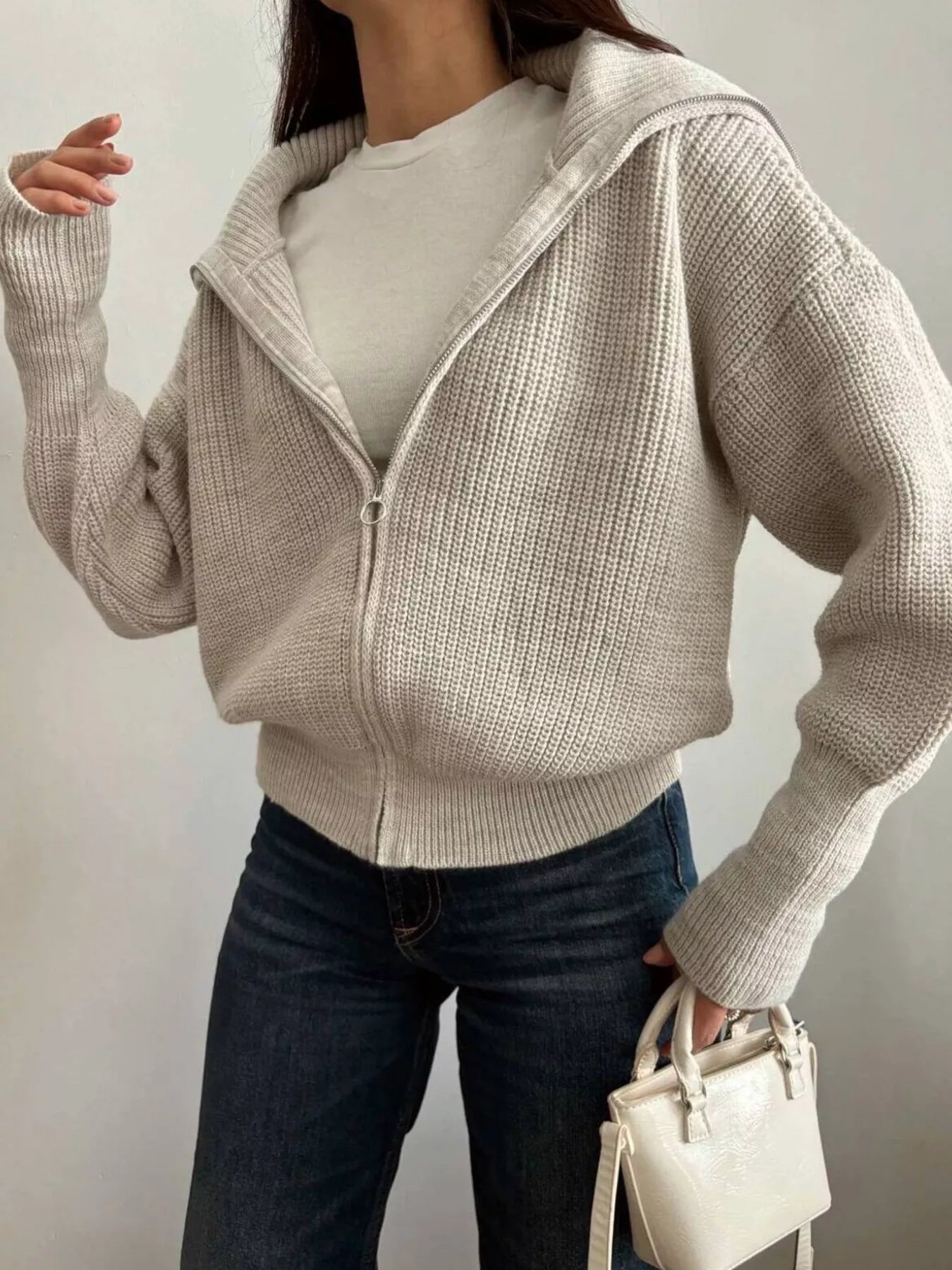 Trendsi Zip Up Dropped Shoulder Cardigan -