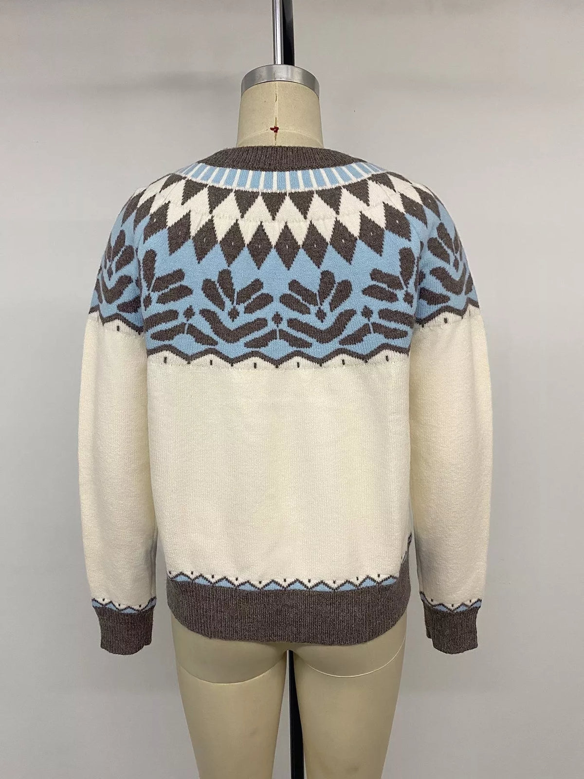 Cream Fair Isle round neck sweater, back on mannequin