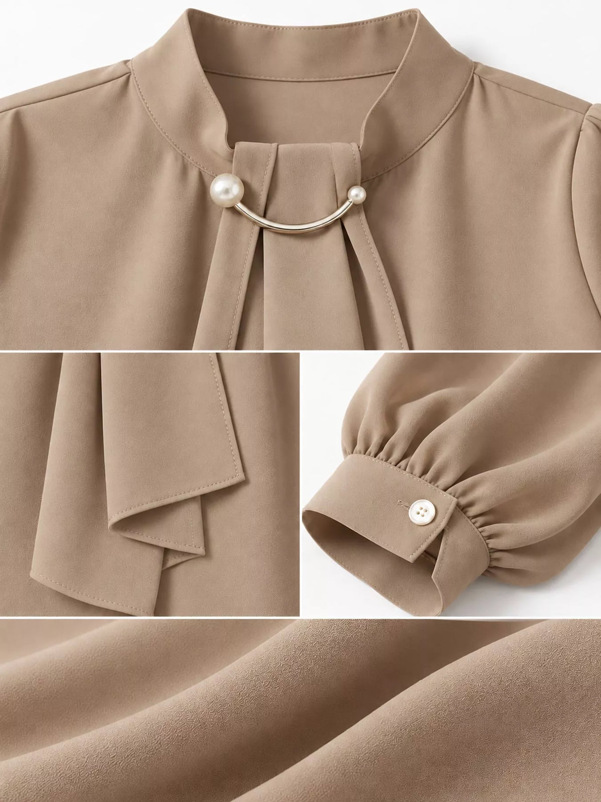 Mock Neck Blouse with Pearl Accent and Lantern Sleeves, detail view in beige