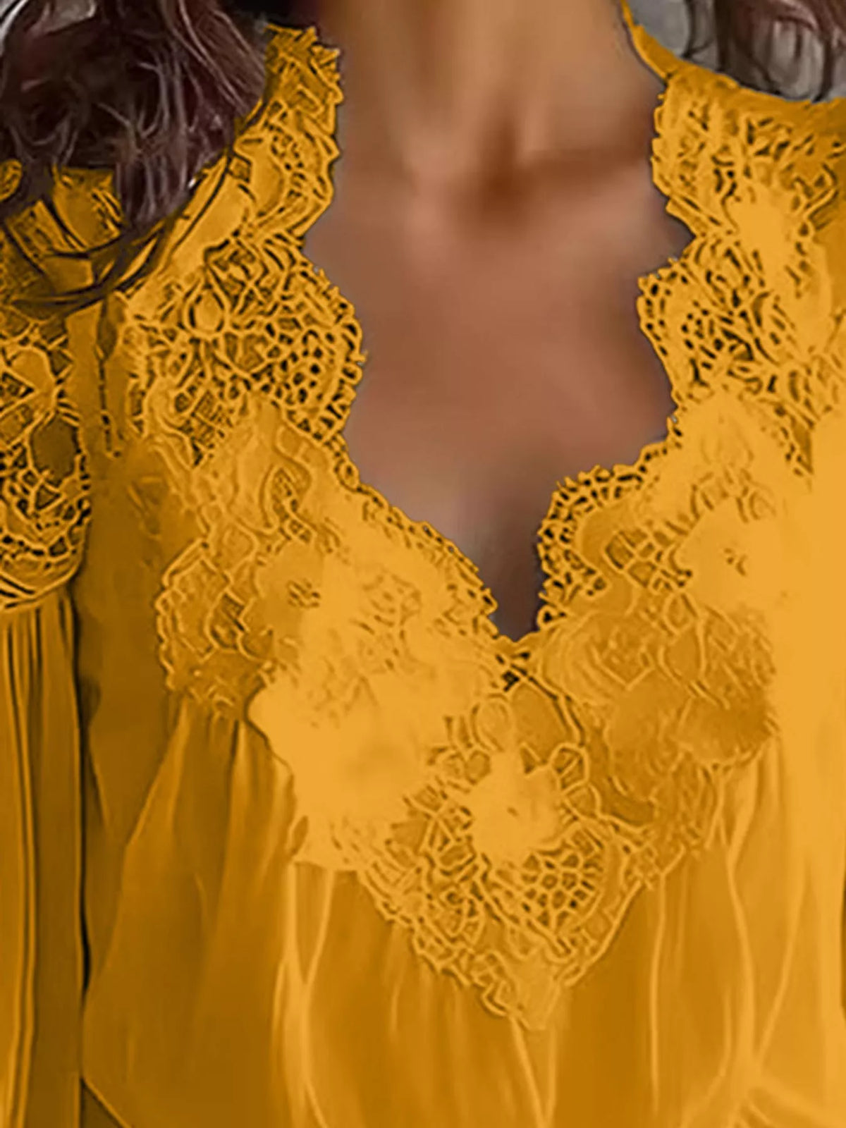 Mustard lace V-neck flounce sleeve blouse, lace neckline detail
