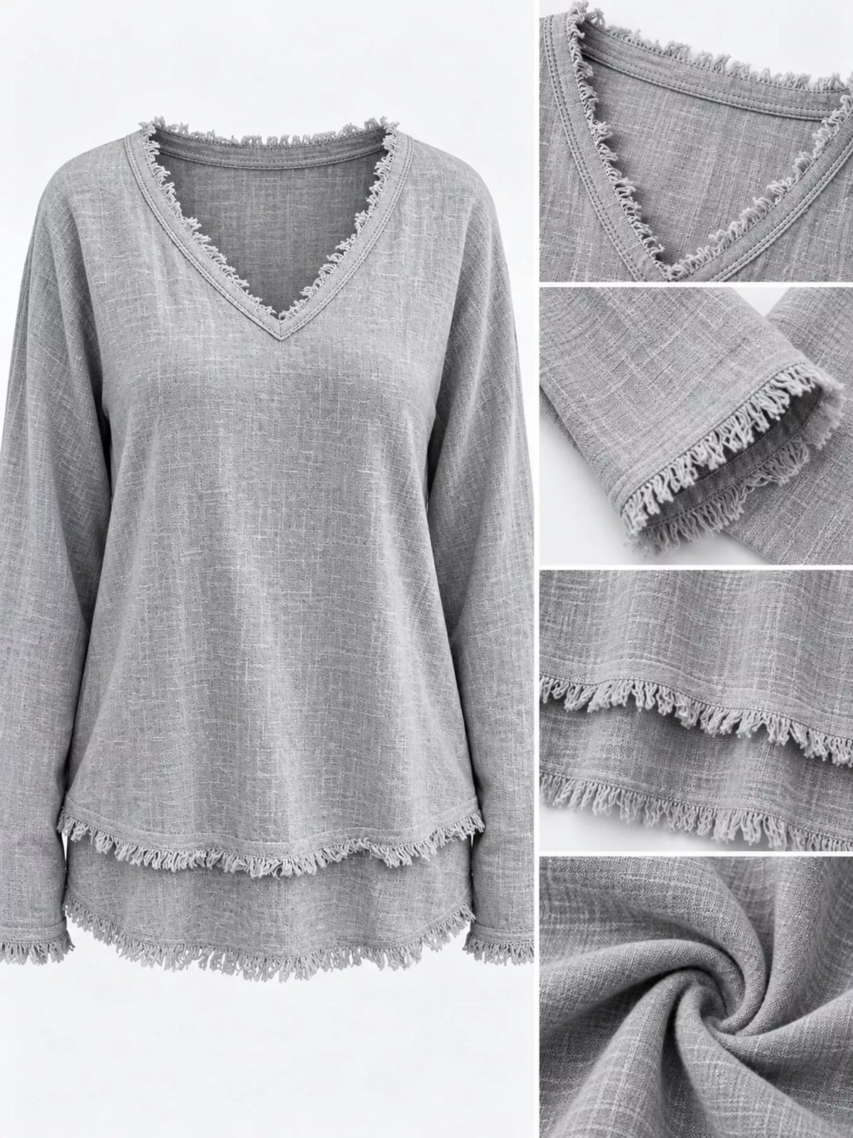 Frayed-hem blouse, gray collage of neckline hem and cuff