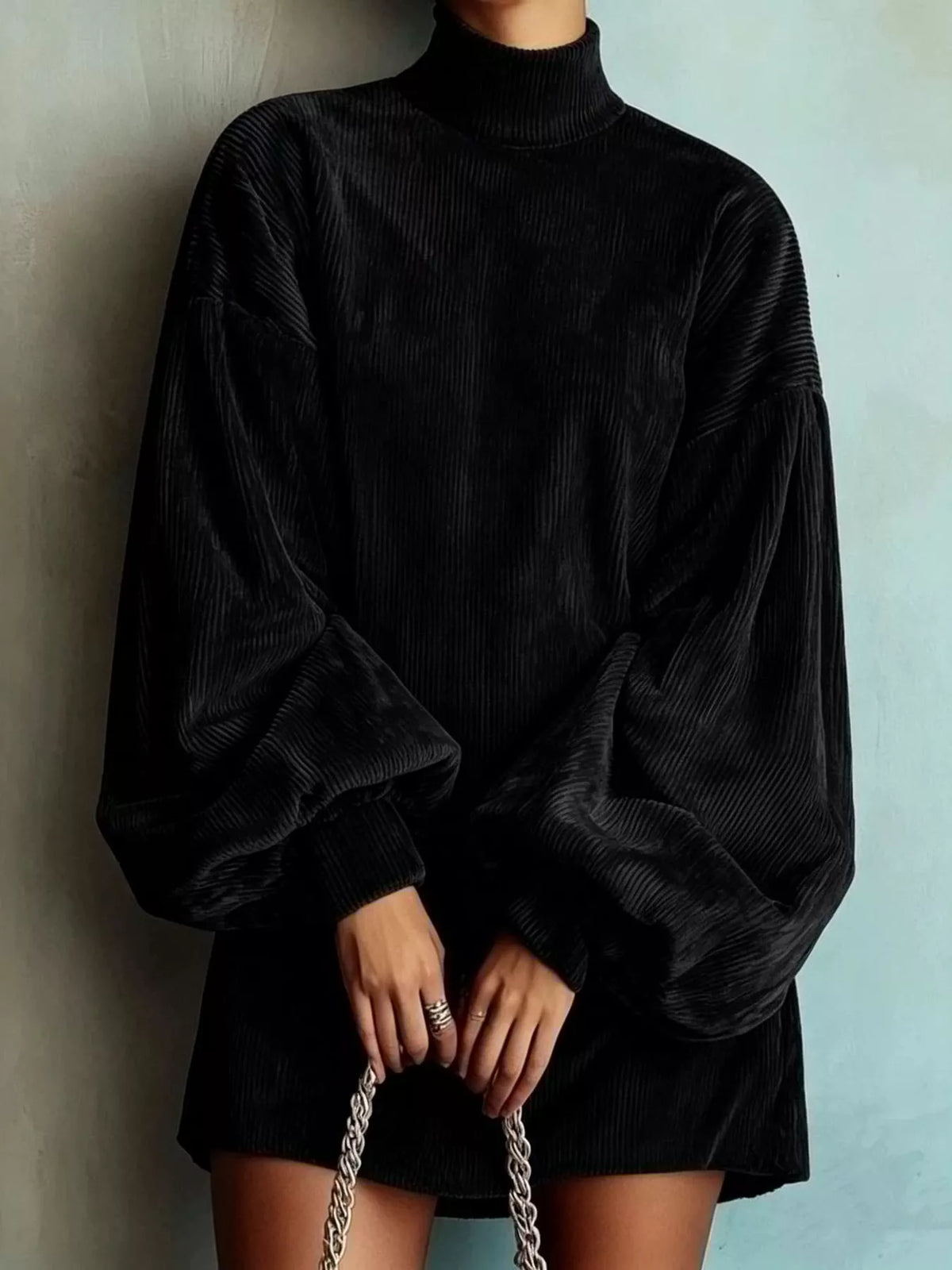 Corduroy Mock Neck Lantern Sleeve Mini Dress in black, front view