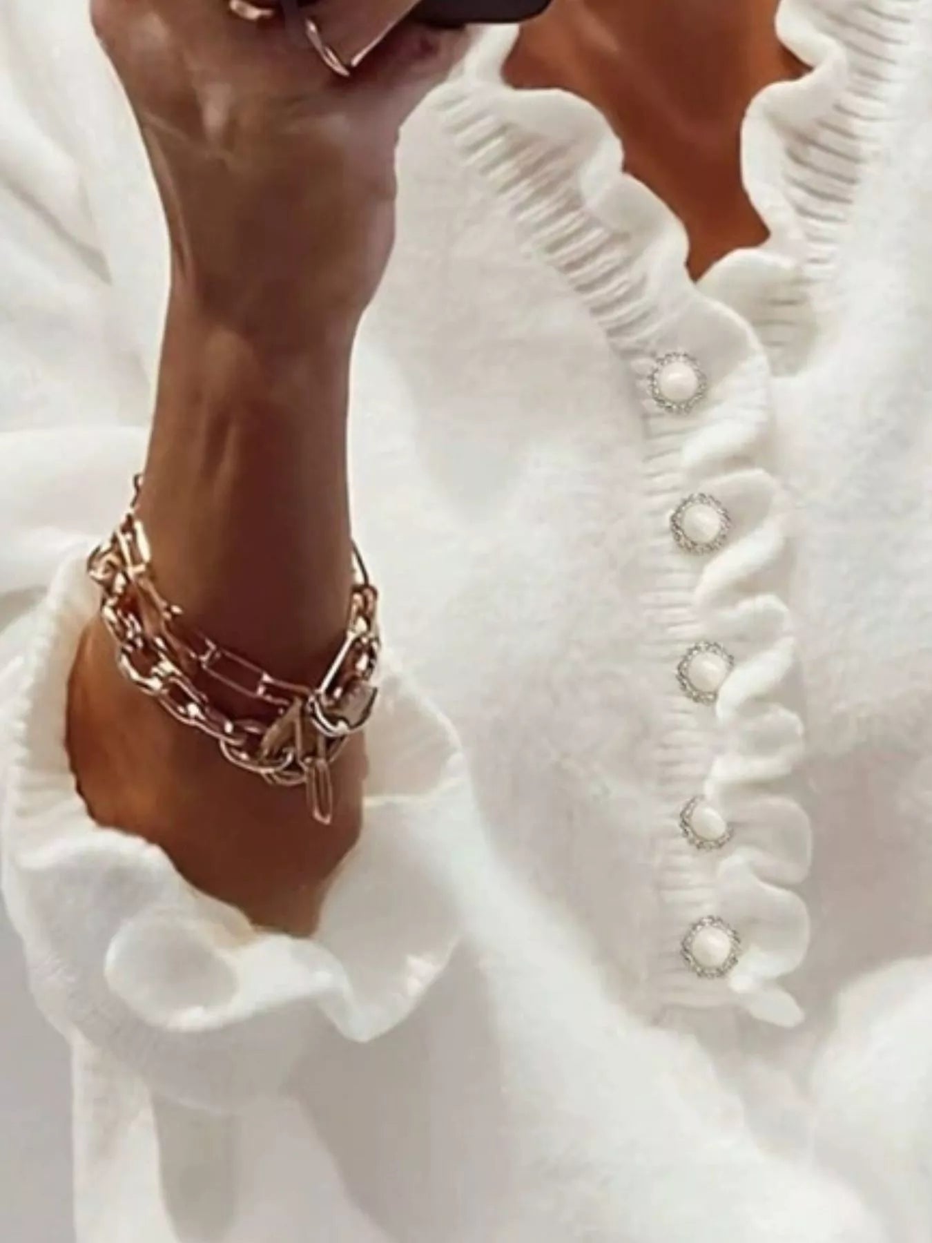Trendsi Ruffled Pearl Button Sweater -