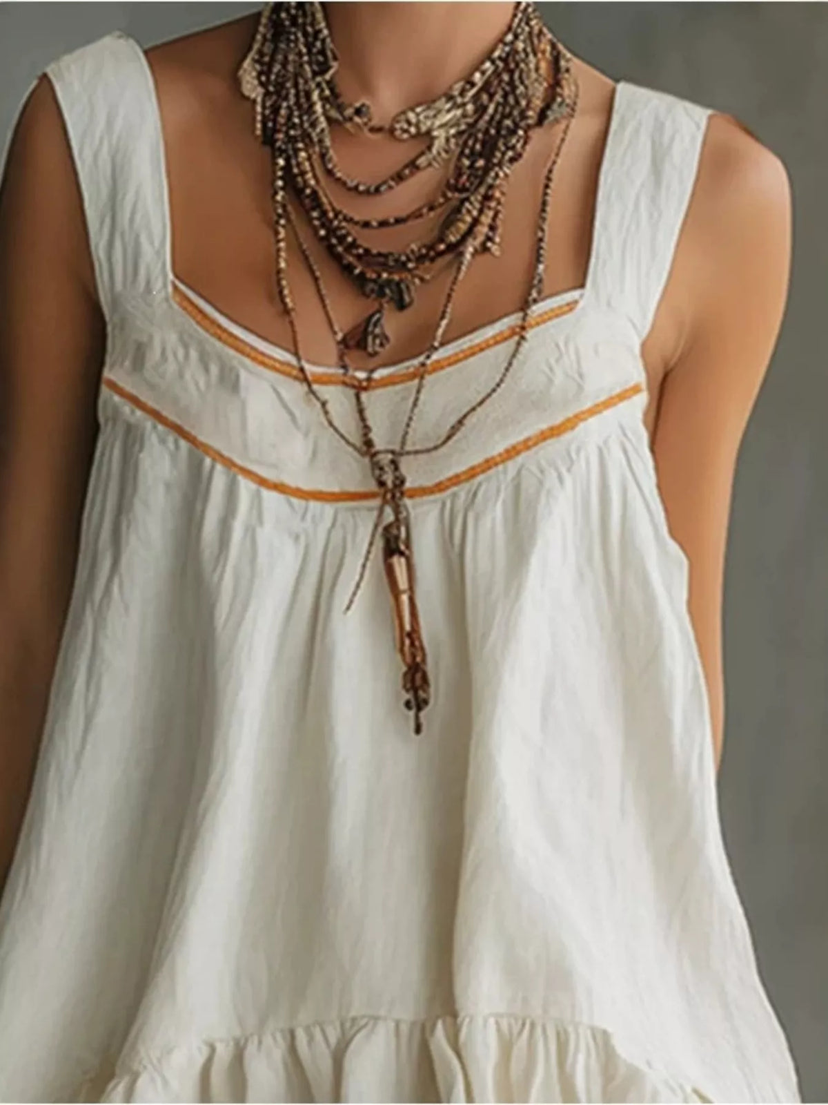Sleeveless Tiered Mini Dress in white, bodice detail