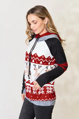 Trendsi Double Take Full Size Christmas Drawstring Long Sleeve Hoodie -