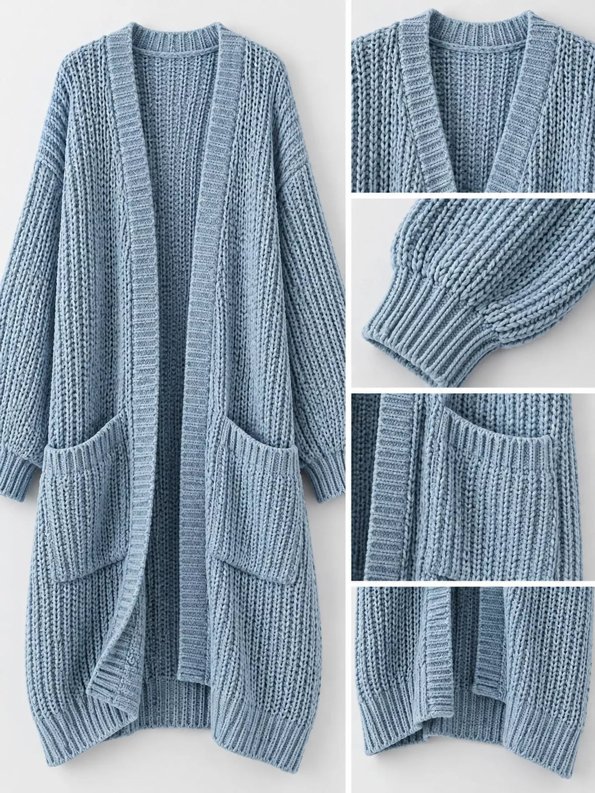 Longline knit cardigan, light blue detail collage