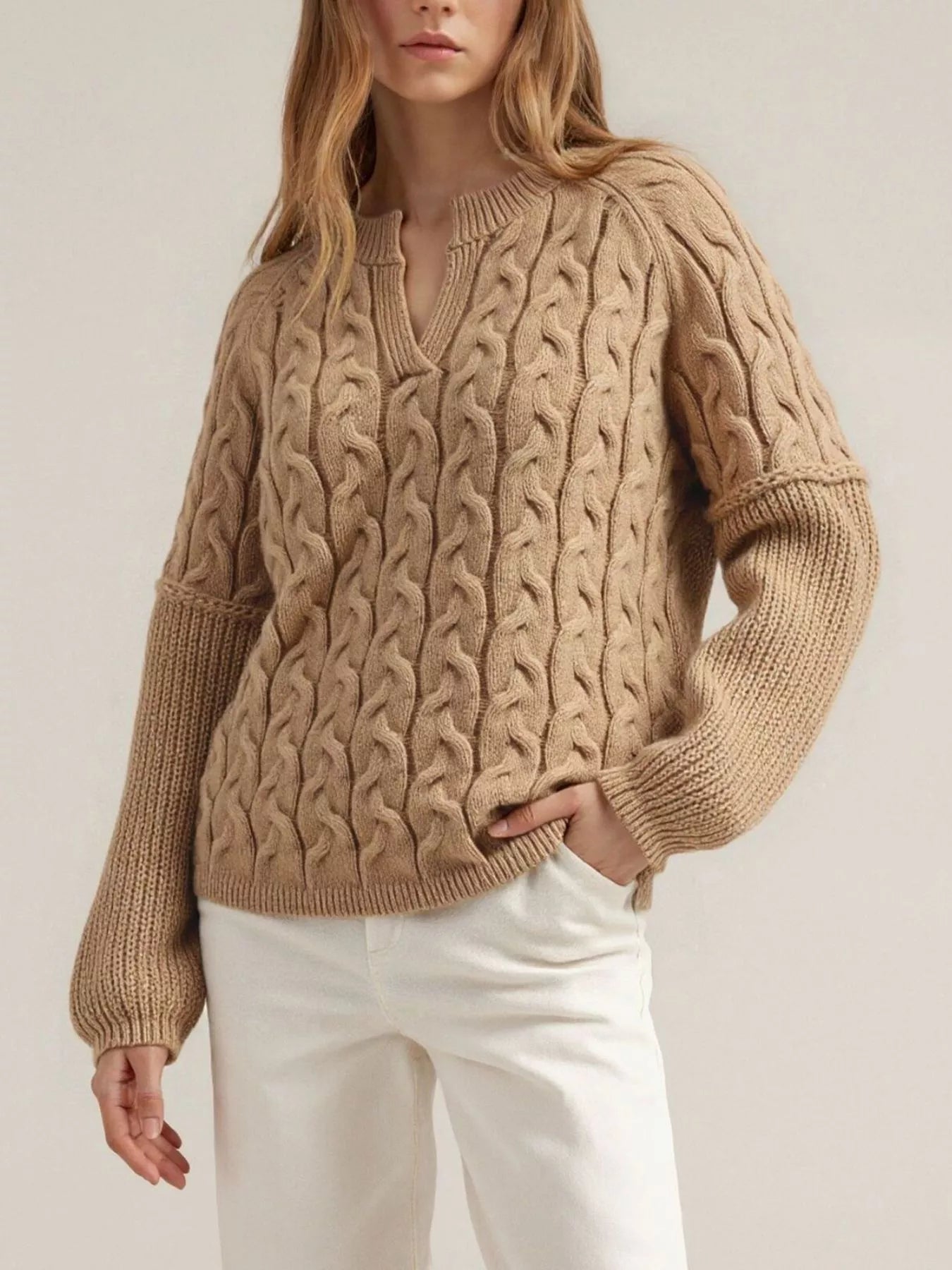 Trendsi Cable-Knit Dropped Shoulder Sweater -