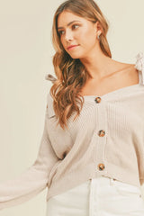 Trendsi MABLE Off Shoulder Self Tie Strap Button Down Sweater -