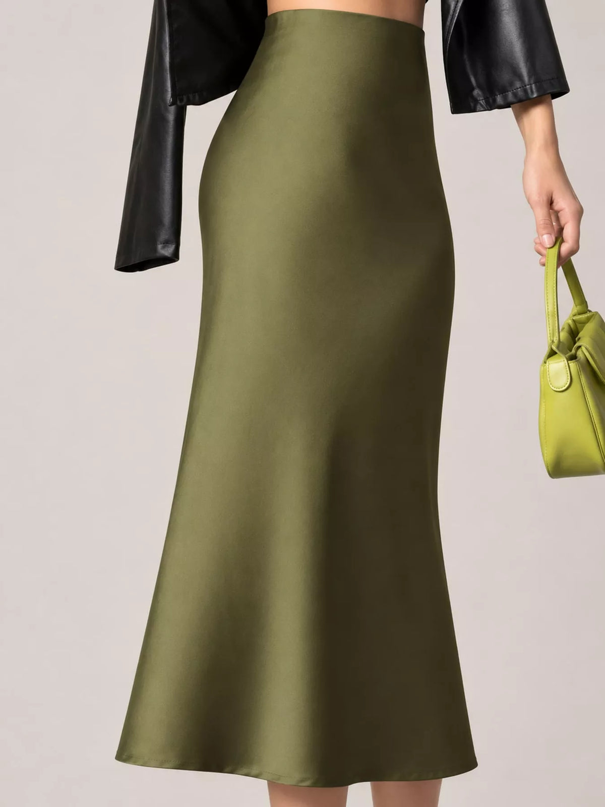 Satin midi skirt, olive side