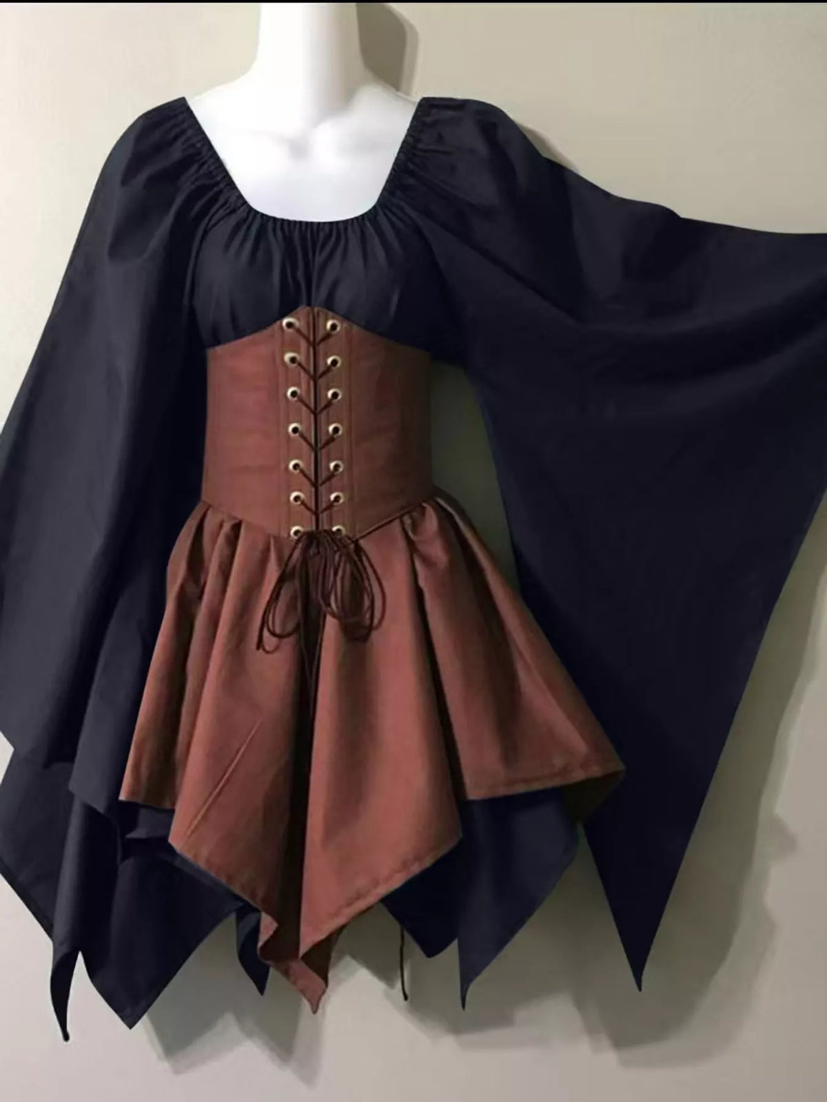 Lace-up asymmetric dress, black brown front