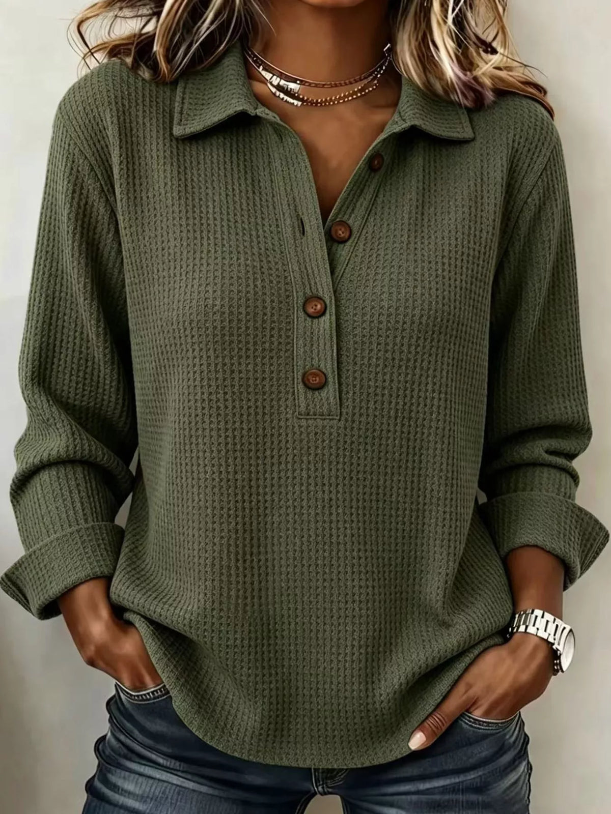 Green waffle knit long sleeve polo top, front view