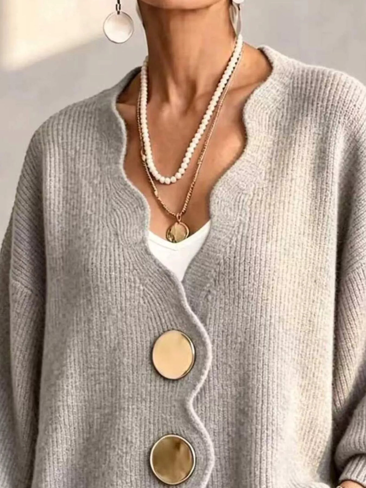 Women's Scalloped-Edge Oversized Button-Down Cardigan in Light Gray, alternate view