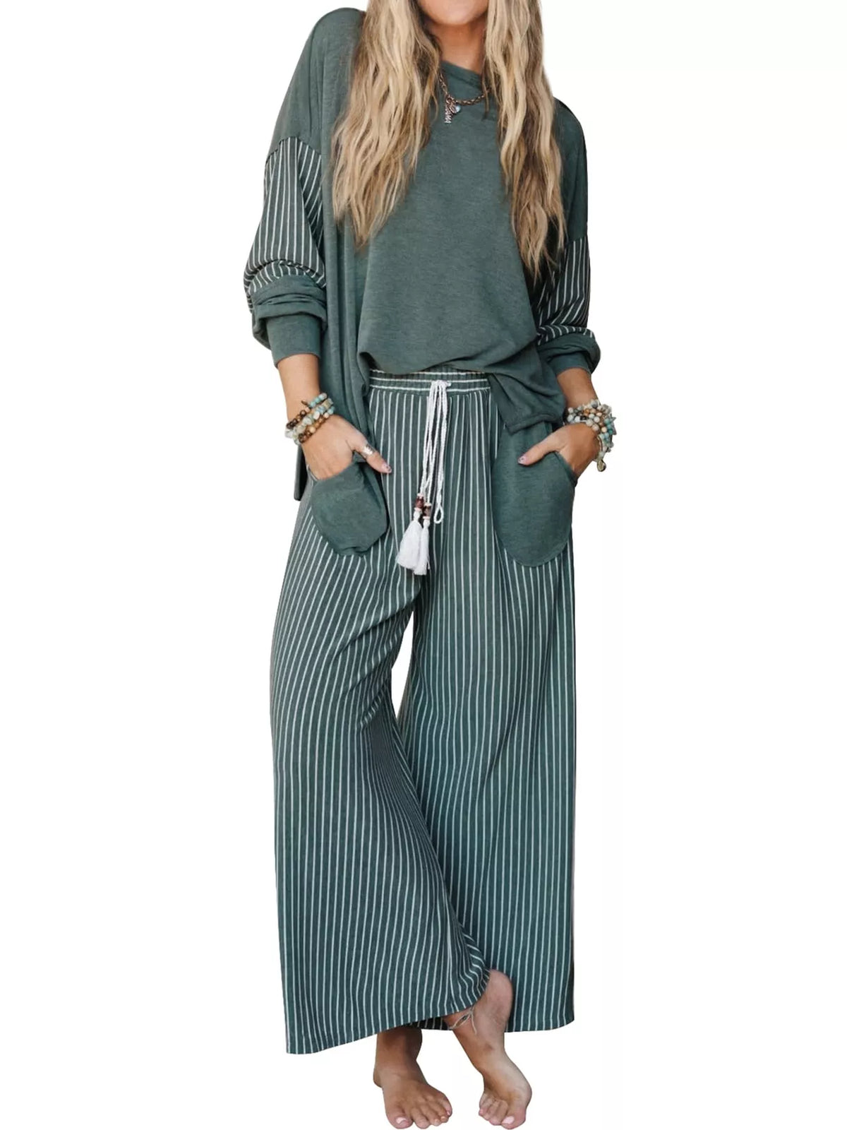 Green striped boat neck top and wide-leg pants set