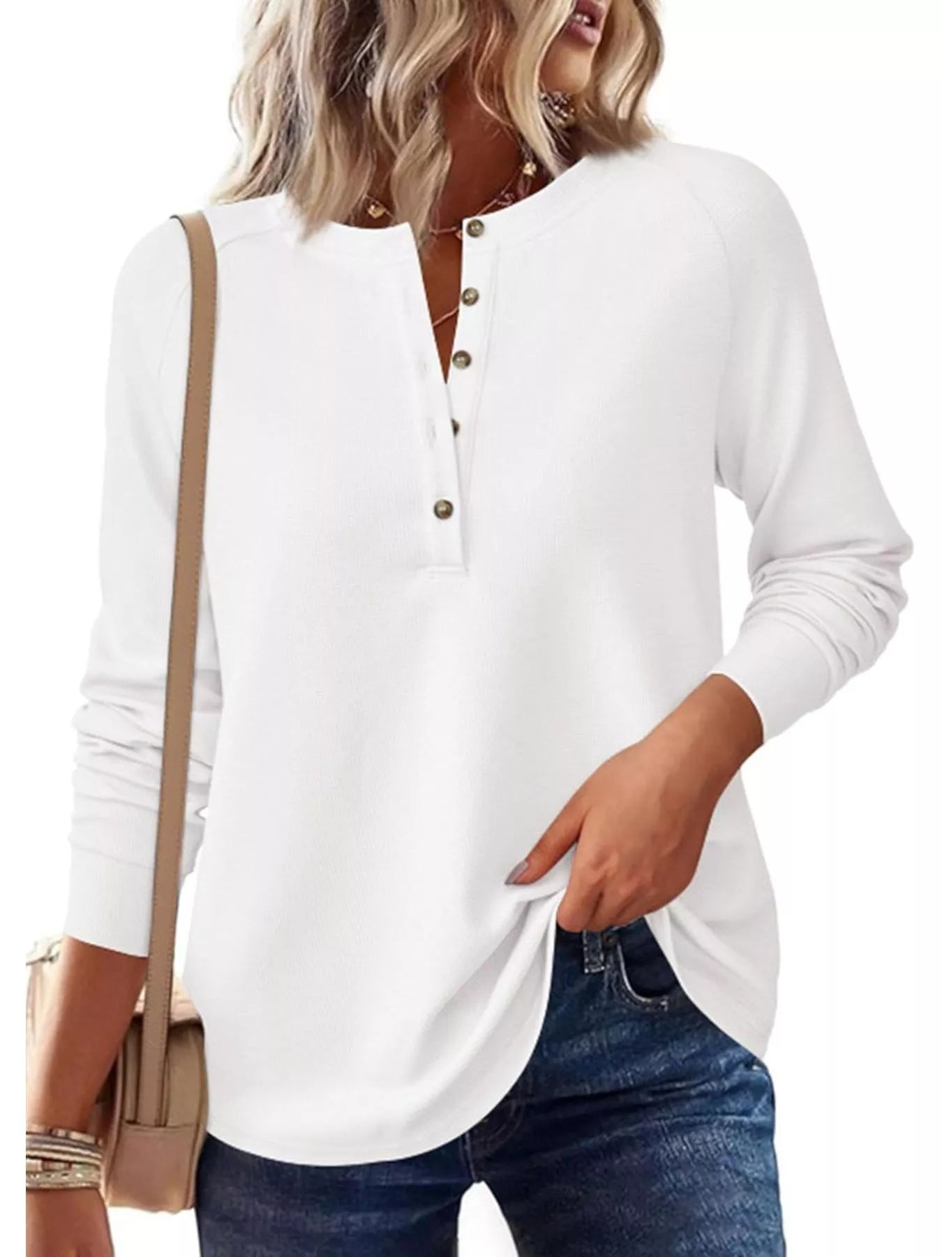 Trendsi Waffle Knit Henley Long Sleeve T-Shirt -