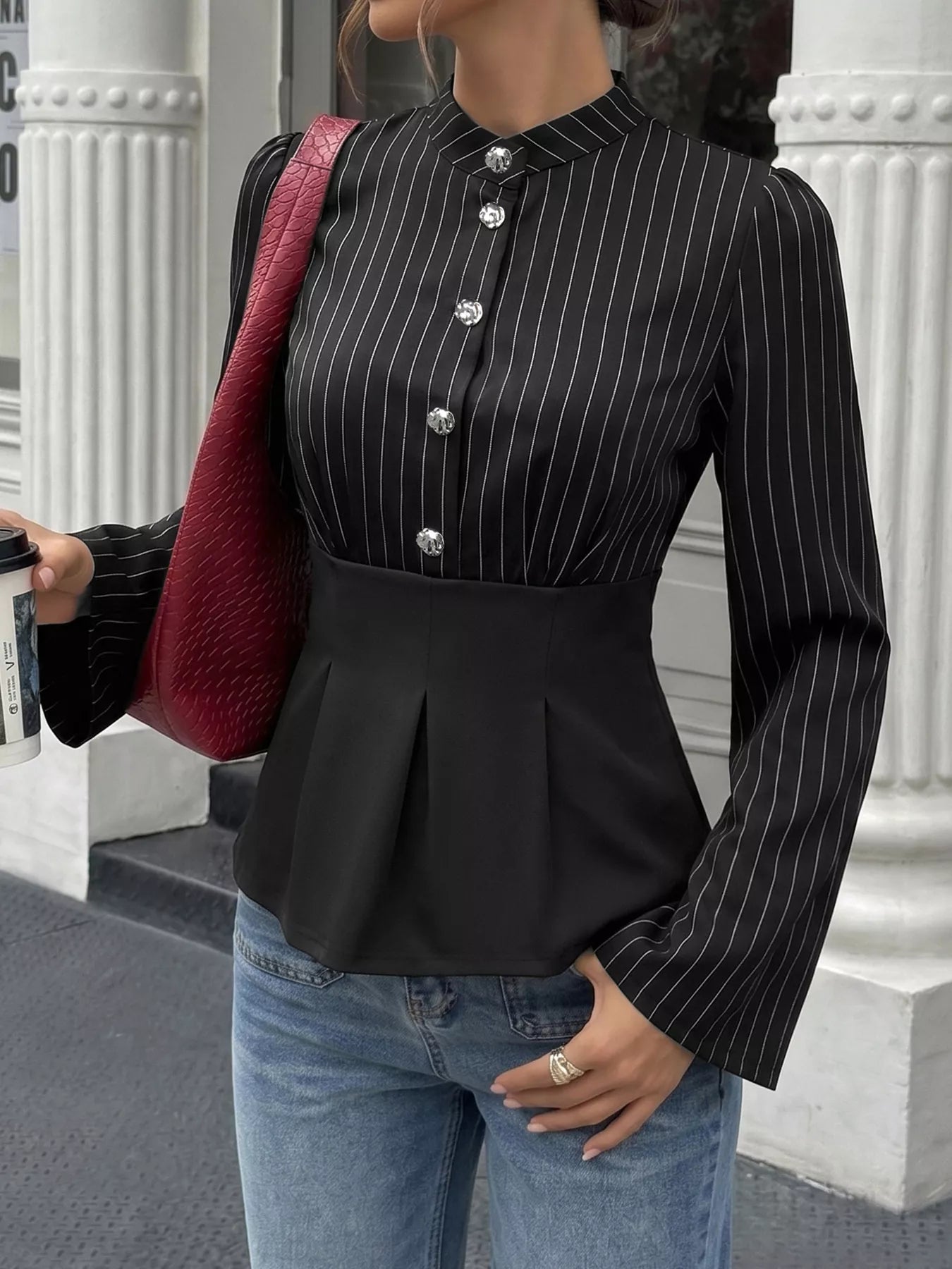 Trendsi Striped Long Sleeve Peplum Blouse -