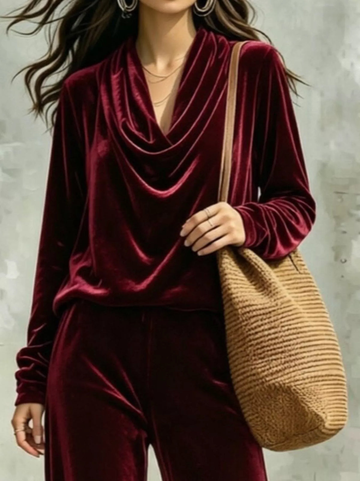 Burgundy velvet cowl neck top and pants set, cowl neck detail