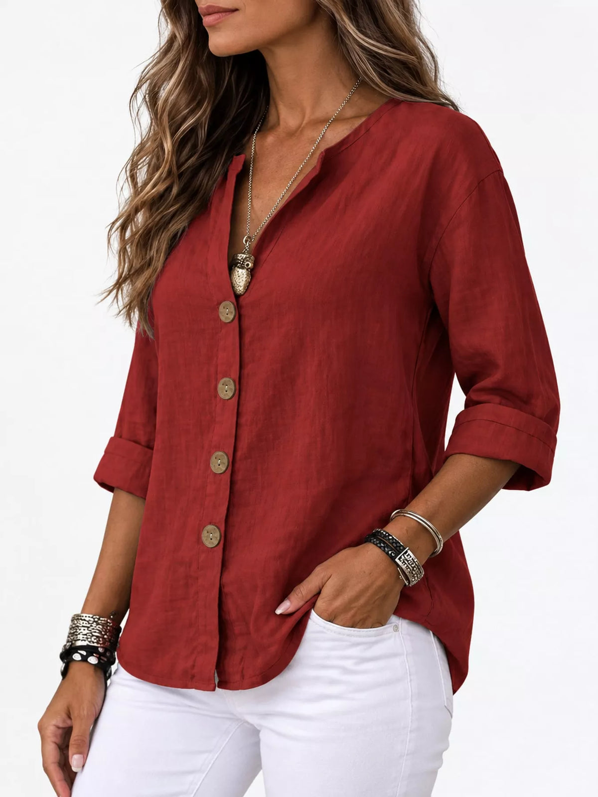 Notched-neck shirt, red side